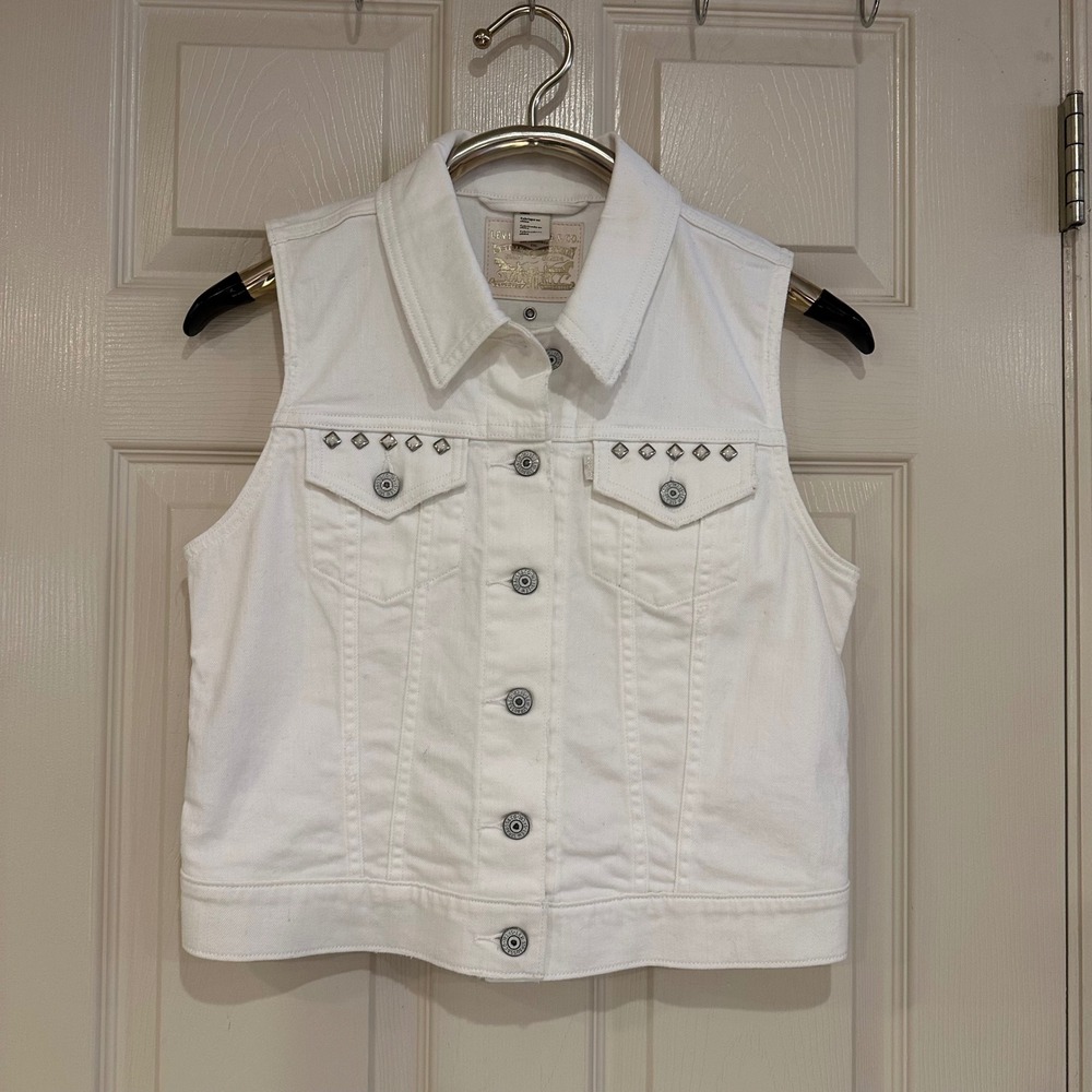 Levis White Denim Trucker Vest Studded Cropped Sleeveless Jacket Small